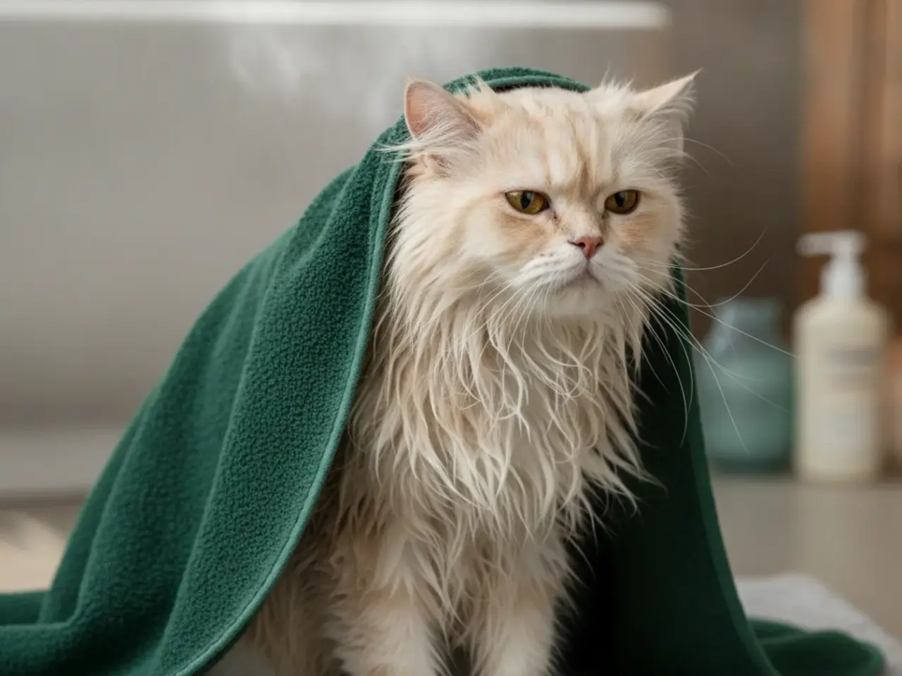 Gato persa de pelo longo sendo seco com